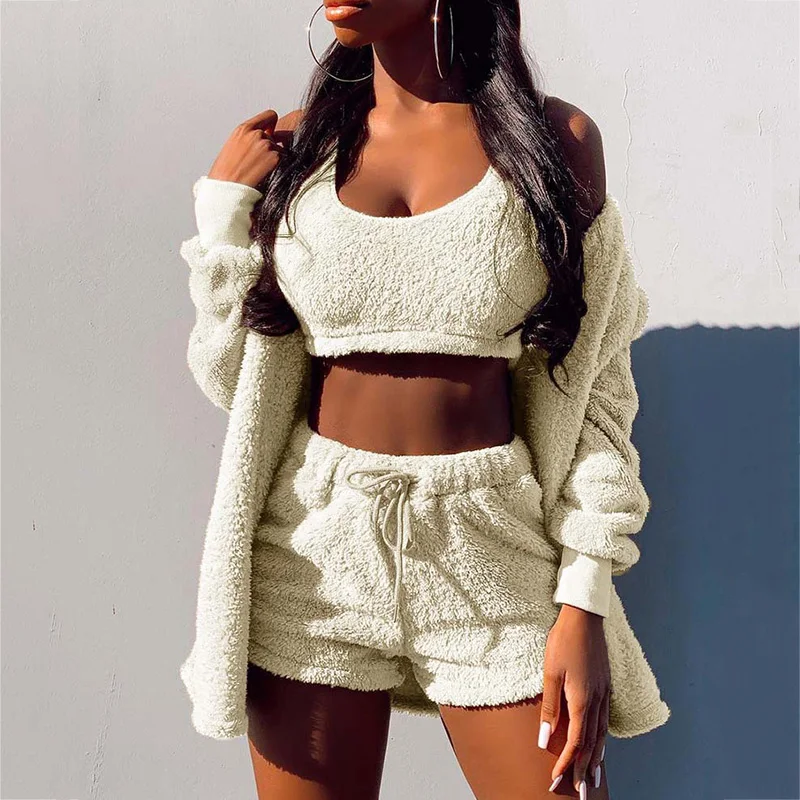 3Pcs Sets Women Winter Outfits Plush Warm Sexy Long Sleeve Pyjamas Sports Sweatshirt Homewear Crop Top Vest Shorts Set Tracksuit |