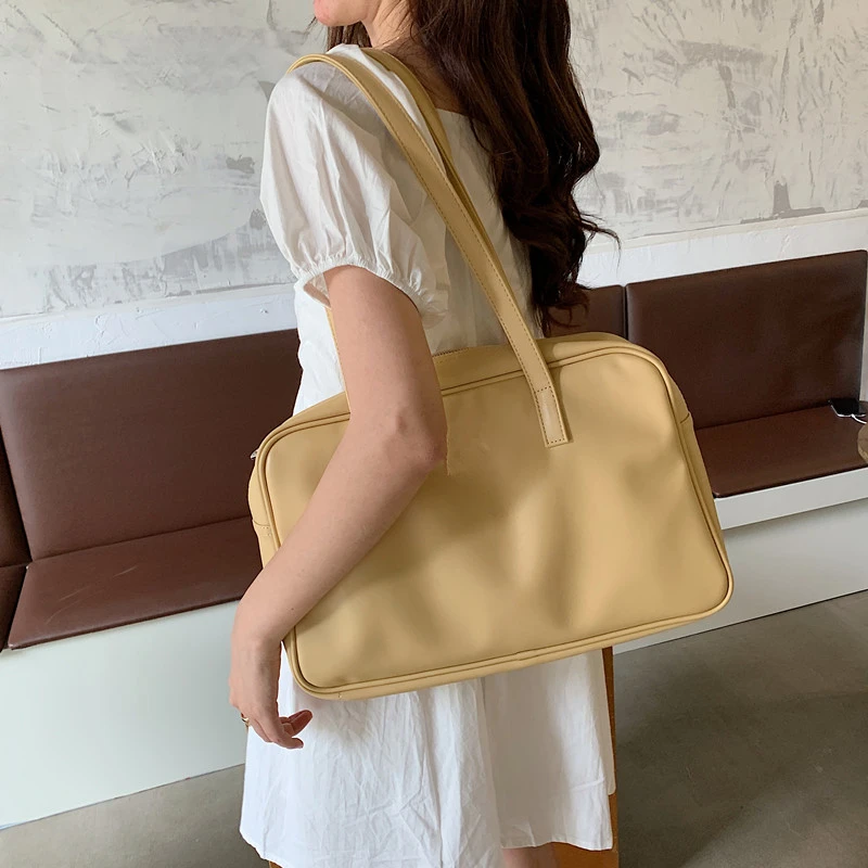 Large Capacity Soild Colour Women Shoulder Bag Vintage PU Leather Girl Handbags Simple Female Causal Tote for Daily Bolso Mujer