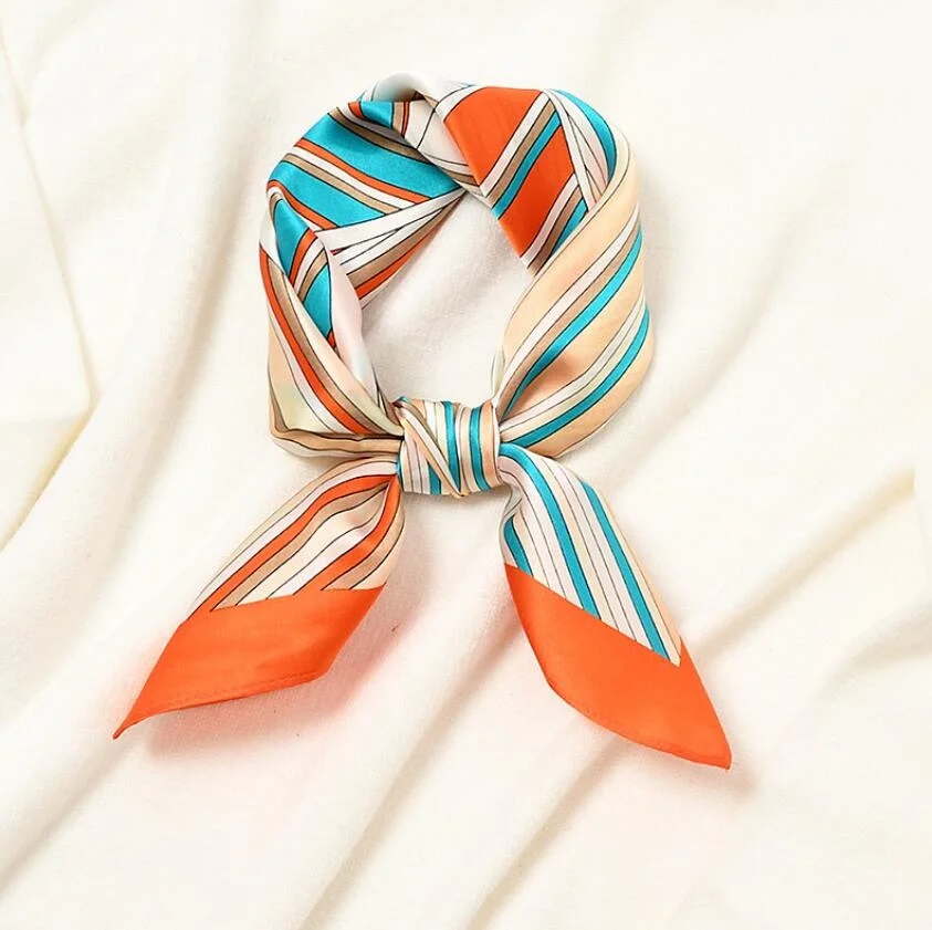 

Women 53x53cm Silk Luxury Mark Female Square Scarf Striped Printed Hijab Head Elegant Ladies Foulard Bandana Scarves 2021 New
