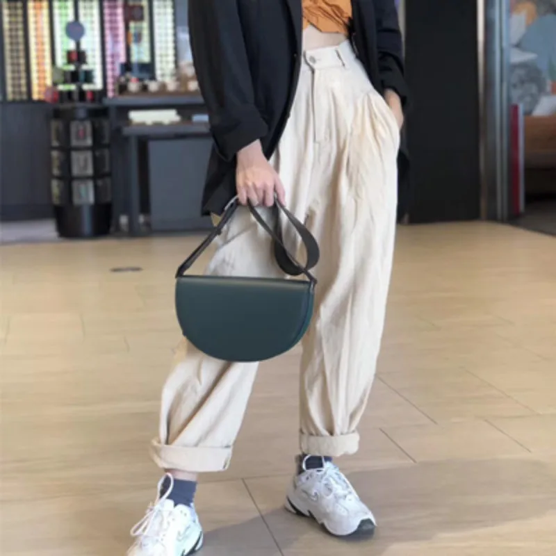

Fashion Women Genuine Leather Saddle Bag High Quality Shoulder Bag Brand Semi-circle Ladies Crossbody Bags Office Work Packing