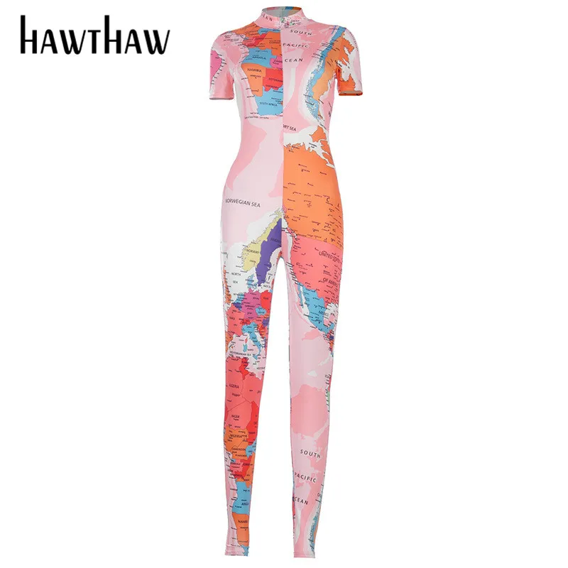 

Hawthaw Women Autumn Winter Short Sleeve Zipper Map Printed Bodycon Jumpsuit Romper Overall 2020 Female Clothing Streetwear