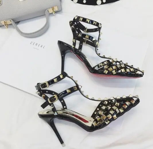 9cm black Пикантные модельные туфли; женские офисные босоножки с острым носком на высоком каблуке; летние женские сандалии-гладиаторы с пряжкой и заклепками - Цвет: 9cm black
