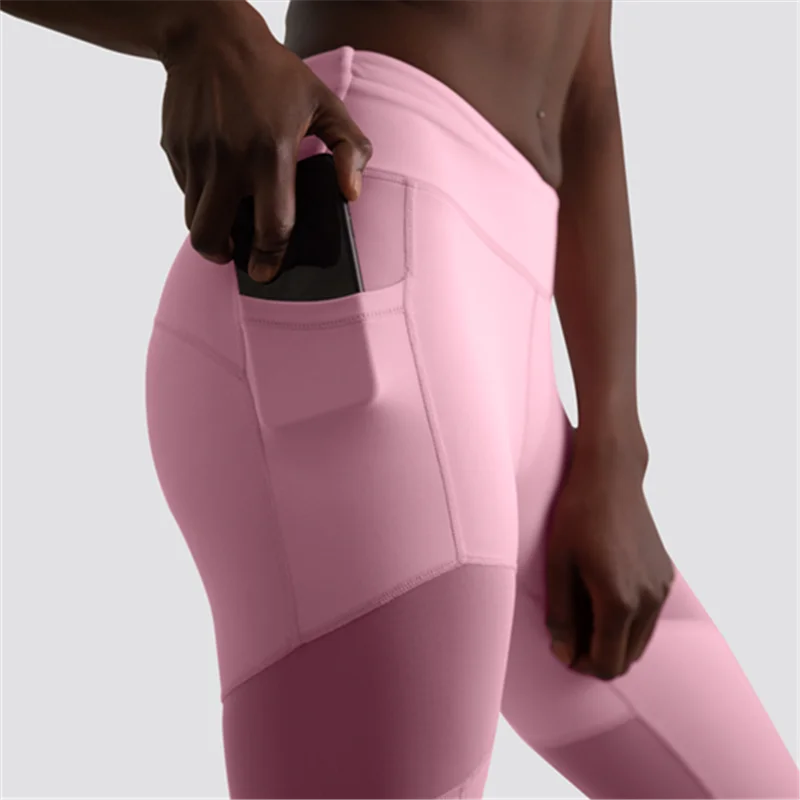 

peach hip charming pink mesh yoga leggings with pocket trim girls gym sports wear tights women