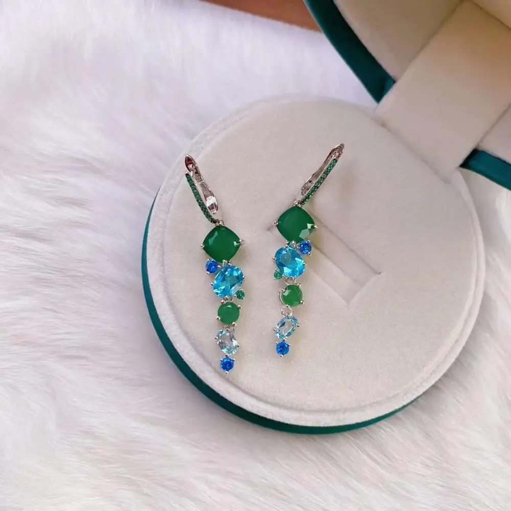 Женские серьги-подвески из серебра 925 пробы с натуральным зеленым агатом и