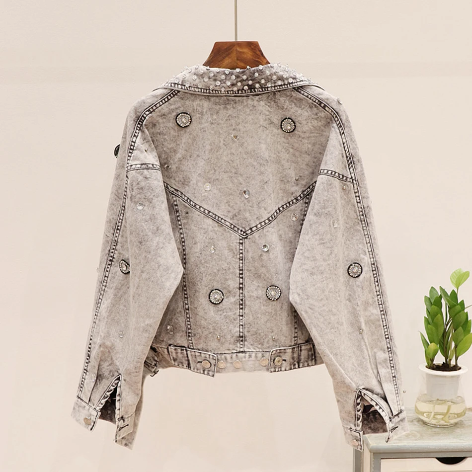 

Ailigou 2021 New Women'S Jacket Handsome Punk Style Heavy Nails Sequined Denim Jacket Women'S Short Denim Diamond coat