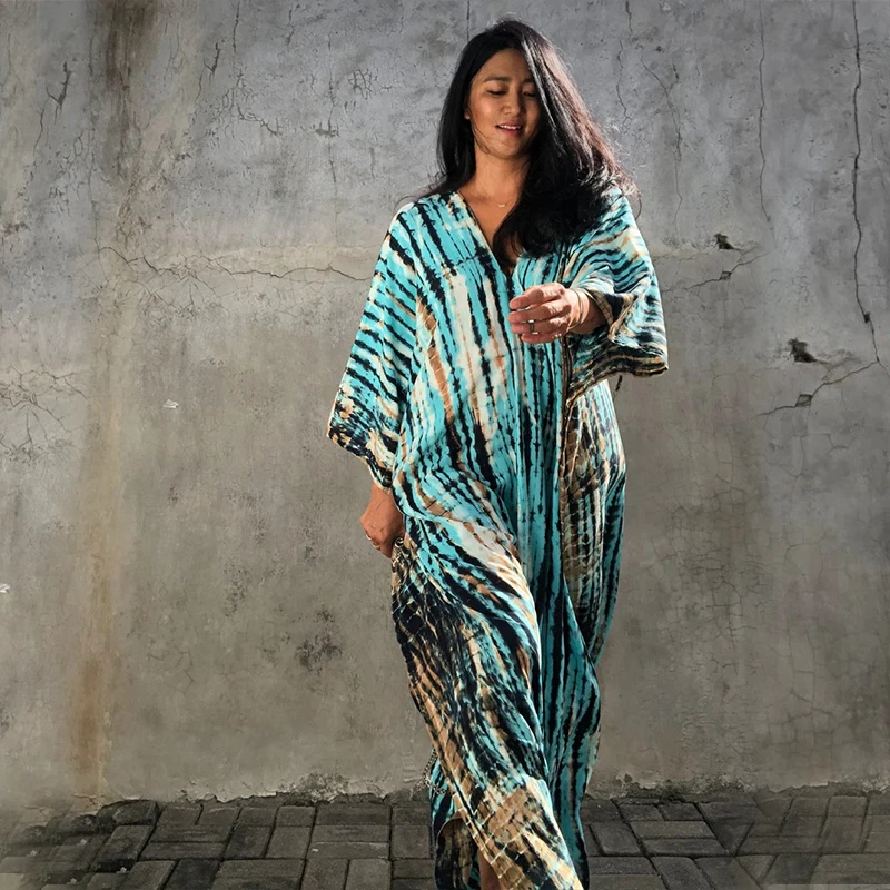 

2021 Bohemian Striped Print Women Beach Dress Bathing Suit Cover Up Summer Tunic For Woman Beachwear Robe de plage Kaftan Q1218