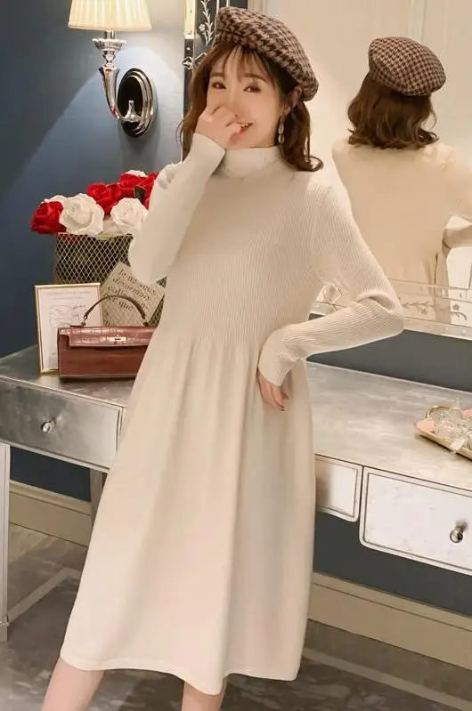

19118# Autumn Korean Fashion Knitted Maternity Dress Bodycon Slim Clothes for Pregnant Women Elegant Winter Pregnancy Clothing