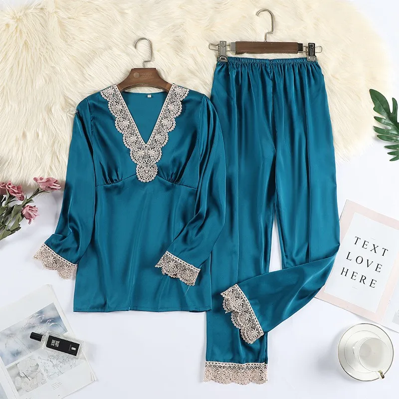 

Pajamas Sets For Women Solid Sleepwear Satin Silky 2 Pieces Shirt&Pants Nightwear Casual Pyjamas Lounge Wear 2021 New Homewear