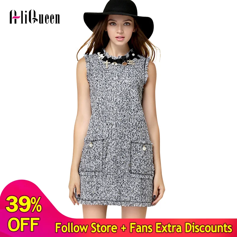 Женское твидовое платье с бахромой модельное дизайнерское мини карманами из