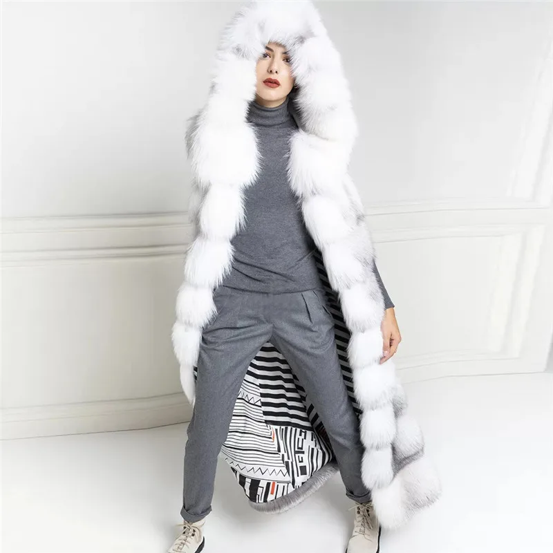 130cm Long Real Cross Fox Fur Vest With Hood Thick Warm Winter Overcoats Luxury High Quality Natural Whole Skin Fox Fur Vests