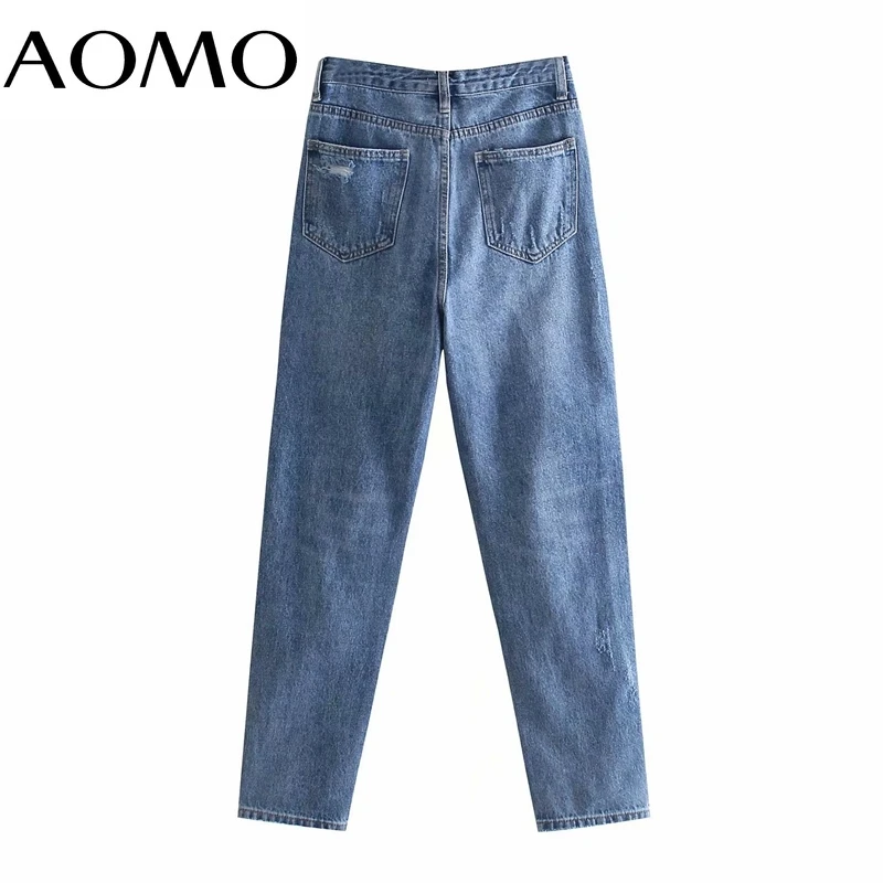 

AOMO 2021 Fashion Women Blue Hollow Ripped Jeans Pants Long Trousers Pockets Buttons Female Boyfriend Style Pants 4M183A