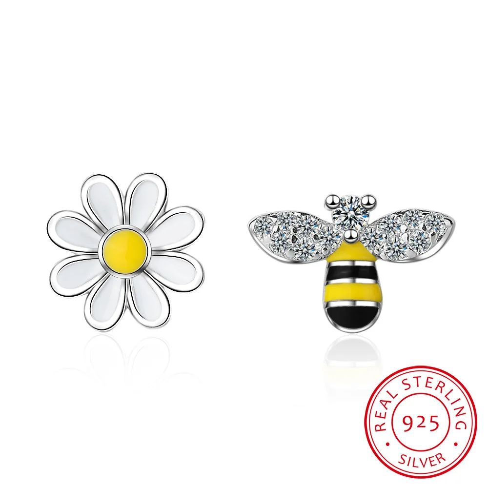 

Lovely Asymmetric Bee Sun Flower Zircon Earrings For Women Girl 925 Sterling Silver Earrings Boucle D'oreille Party Jewelry Gift