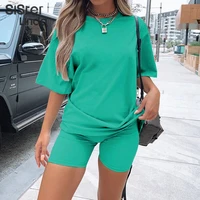 casual 2 piece suit women short sleeve o neck loose t shirt biker shorts matching set fitness comfortable streetwear outfit2021