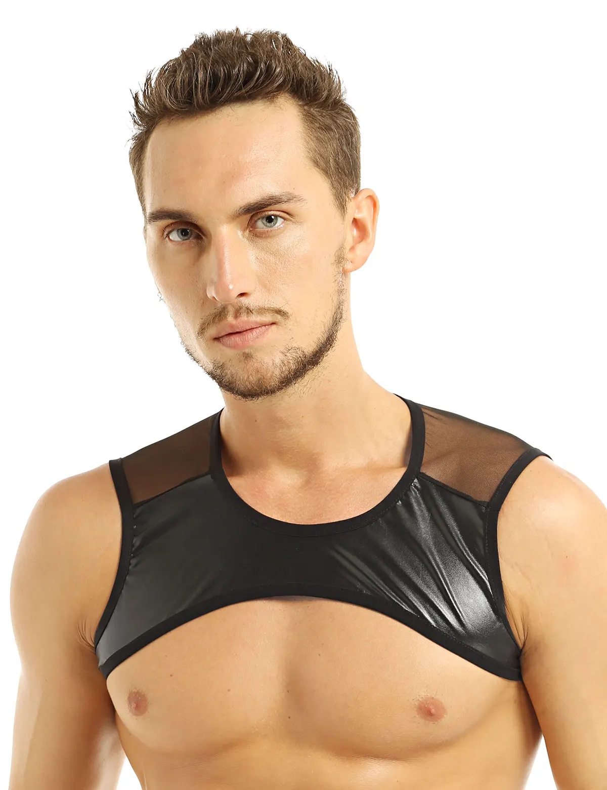Латексная кожа жгут мужское белье лоскутное без рукавов Sheer Mesh Muscle половина майка жилет Клубная одежда сценический костюм укороченные топы