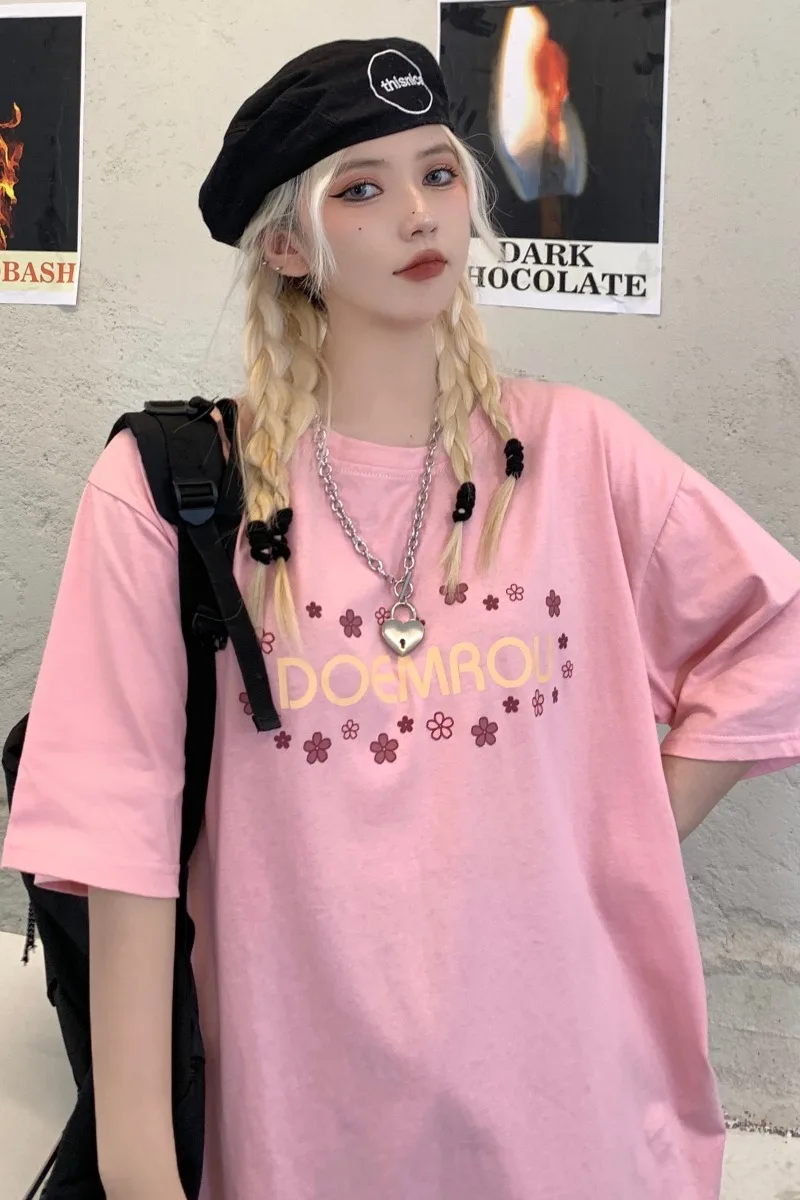 

Couples wear t-shirts 2021 new summer women's ins Japanese flower letter print loose bf short-sleeved top tide