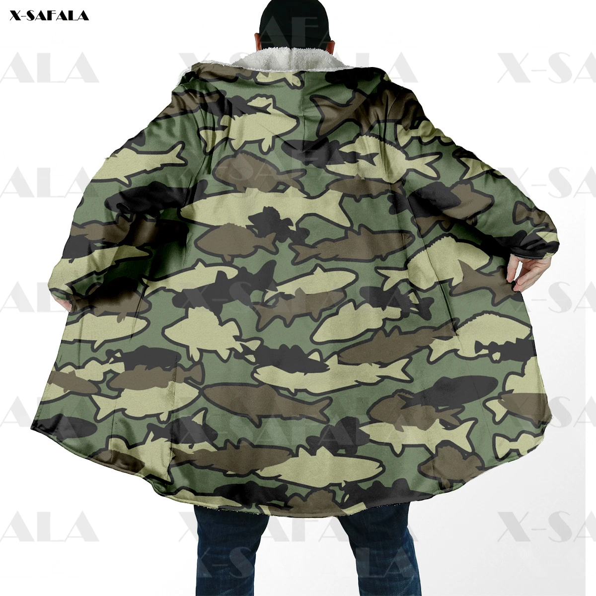 

Fish Camo JUNGLE Army Print Higher Quality Casual Warm Overcoat Cashmere Male Hooded Cloak Fleece Hoodie Blanket Duffle