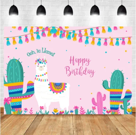 7x5FT Happy Birthday Llama Fun Pink Princess Party Mexican Cactus Custom Photo Studio Backdrop Background Vinyl 220cm X 150cm |