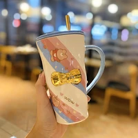 cute girl ceramic handy cup large capacity mug with lid with straw office home lovely sweet bow milk beer coffee water cups