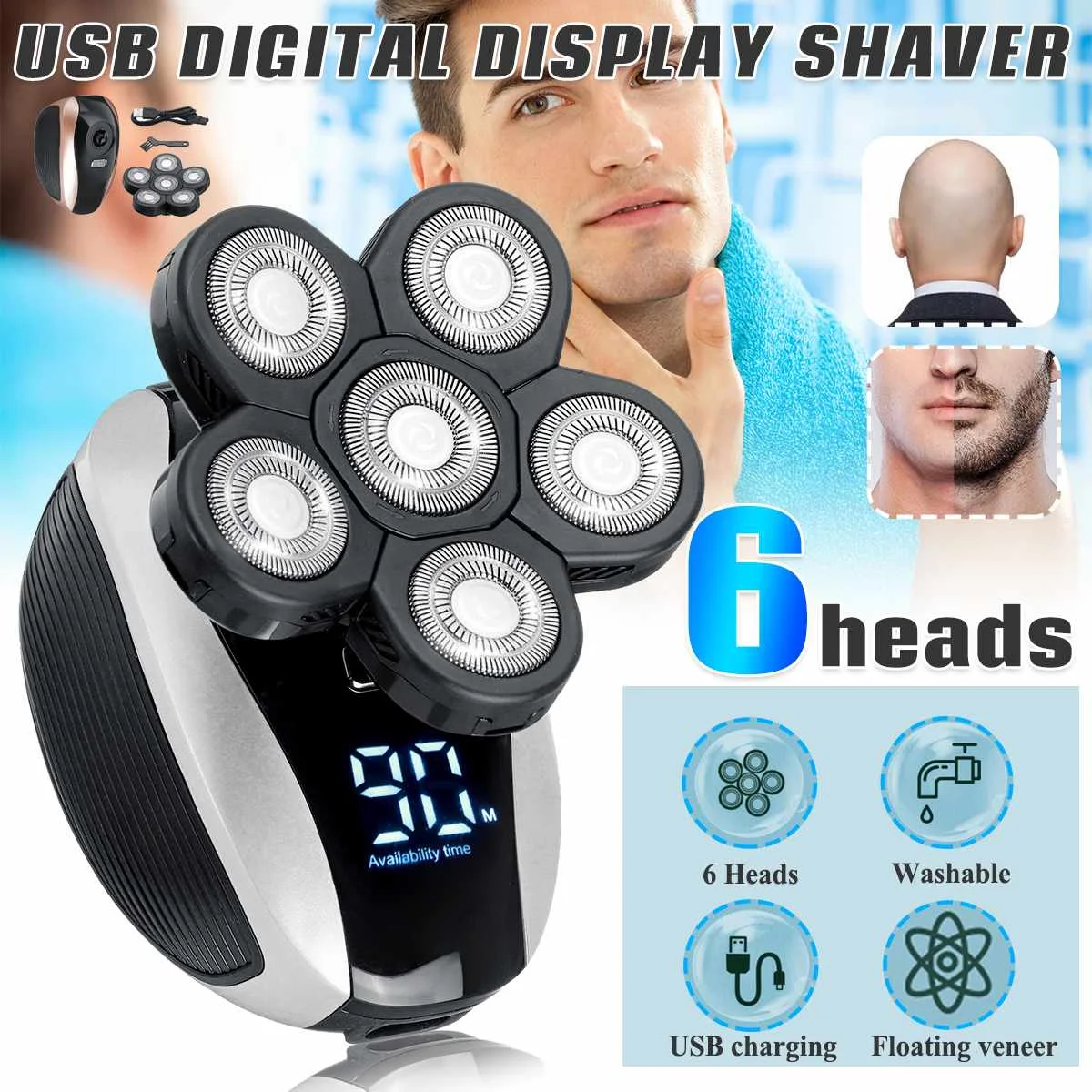 

SPZ Rechargeable 6 Heads Floating Veneer Bald Head Shaver Hair Trimmer Clipper LED Digital Display Facial Cleaning Brush