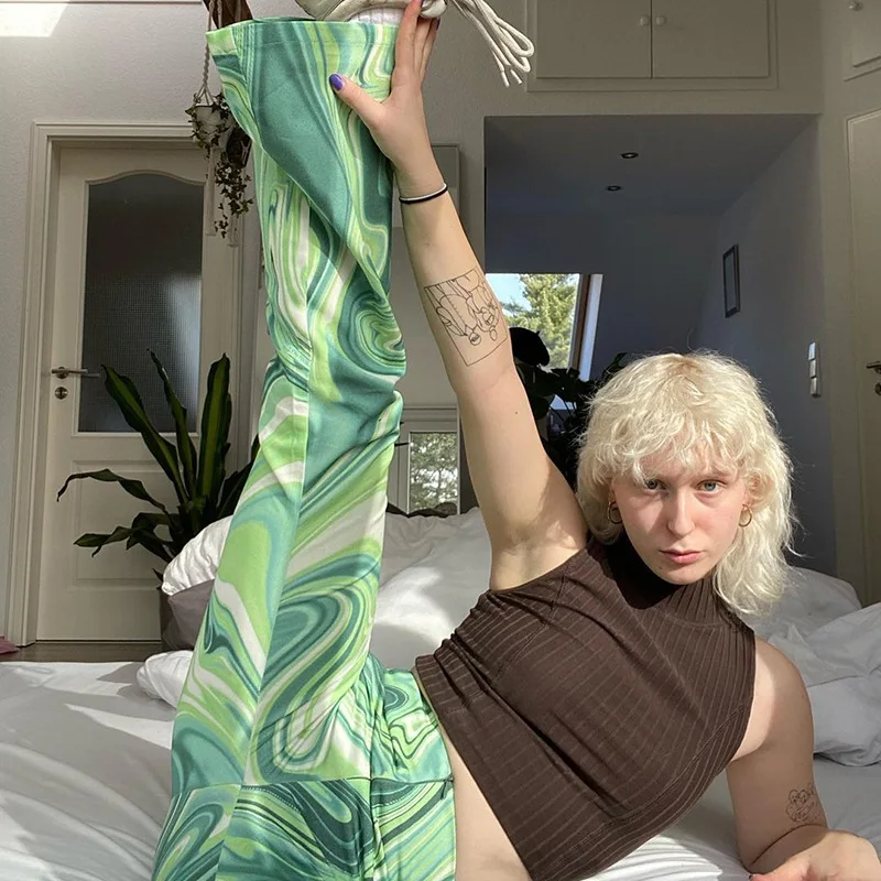 

ICCLEK 2021 Tie Dye Print Pants Women Y2K Green Wide Leg Summer Spring Casual Vintage High Waist Zipper Fashion Trousers 90S