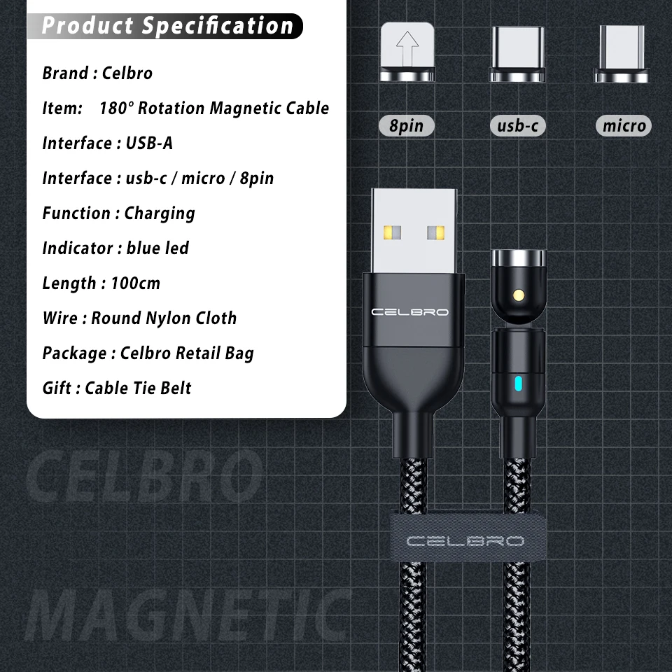 Магнитный кабель с поворотом на 540 градусов Micro Usb Type-C светодиодный светильник