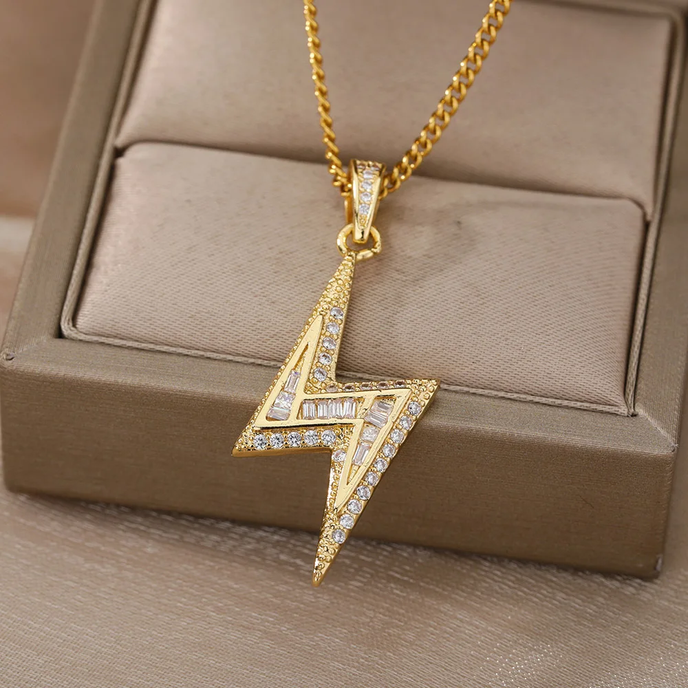 

Fashion Full Zircon Lightning Necklace For Women Men Stainless Steel Chain Choker Necklace Hip Hop Punk Jewelry Accessories