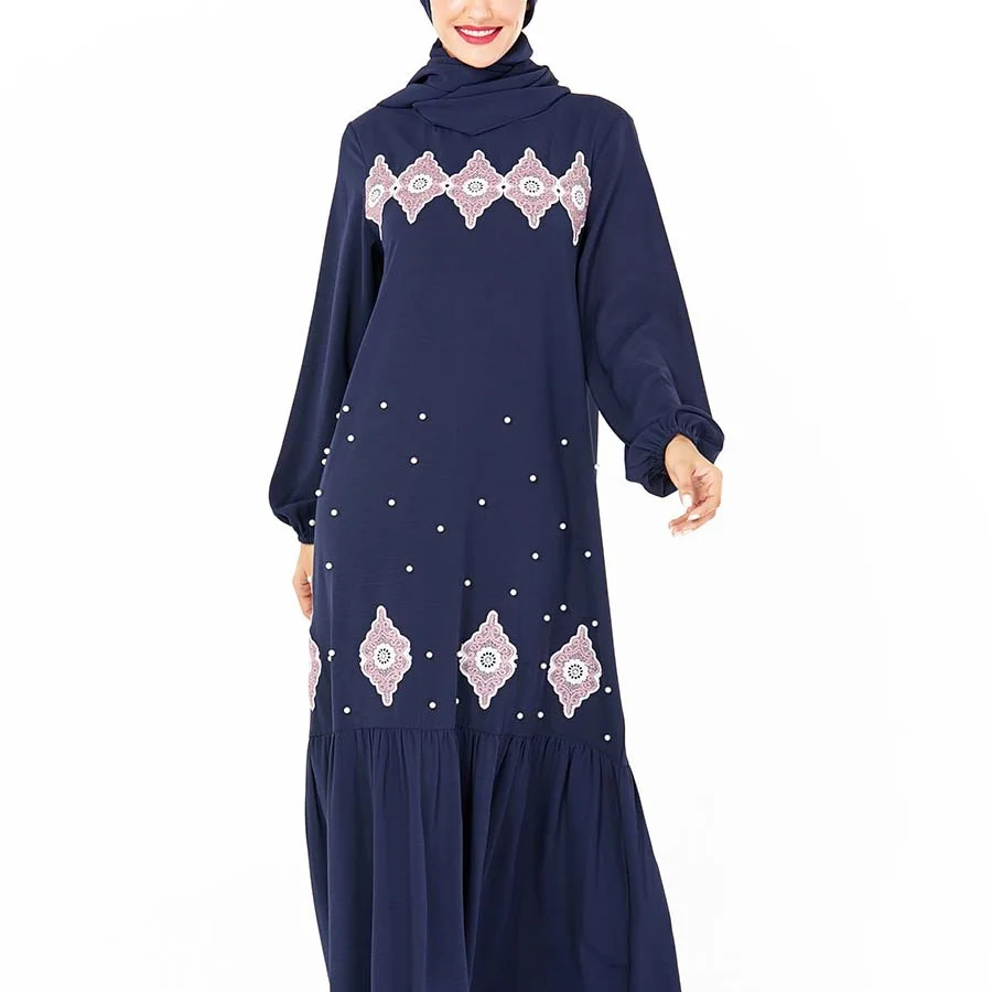 

The New Muslim Fashion Large Size Women's Dress with Blue Embroidery and Nail Beads Temperament European Clothing Abaya
