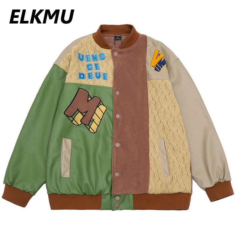 

Уличная одежда ELKMU в стиле Харадзюку, Куртки из искусственной кожи, Мужская винтажная куртка в стиле пэчворк, дизайнерская бейсбольная курт...