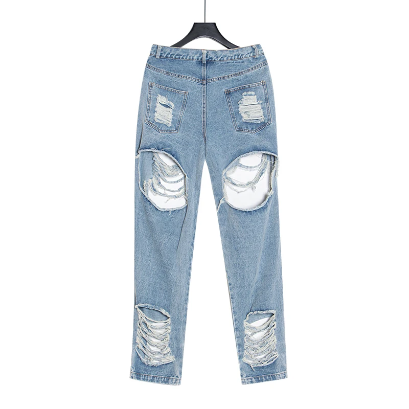 TWOTWINSTYLE Streetwear Ripped Hole Straight Denim Pants For Women High Waist Pants Female Fashion Clothes Summer New