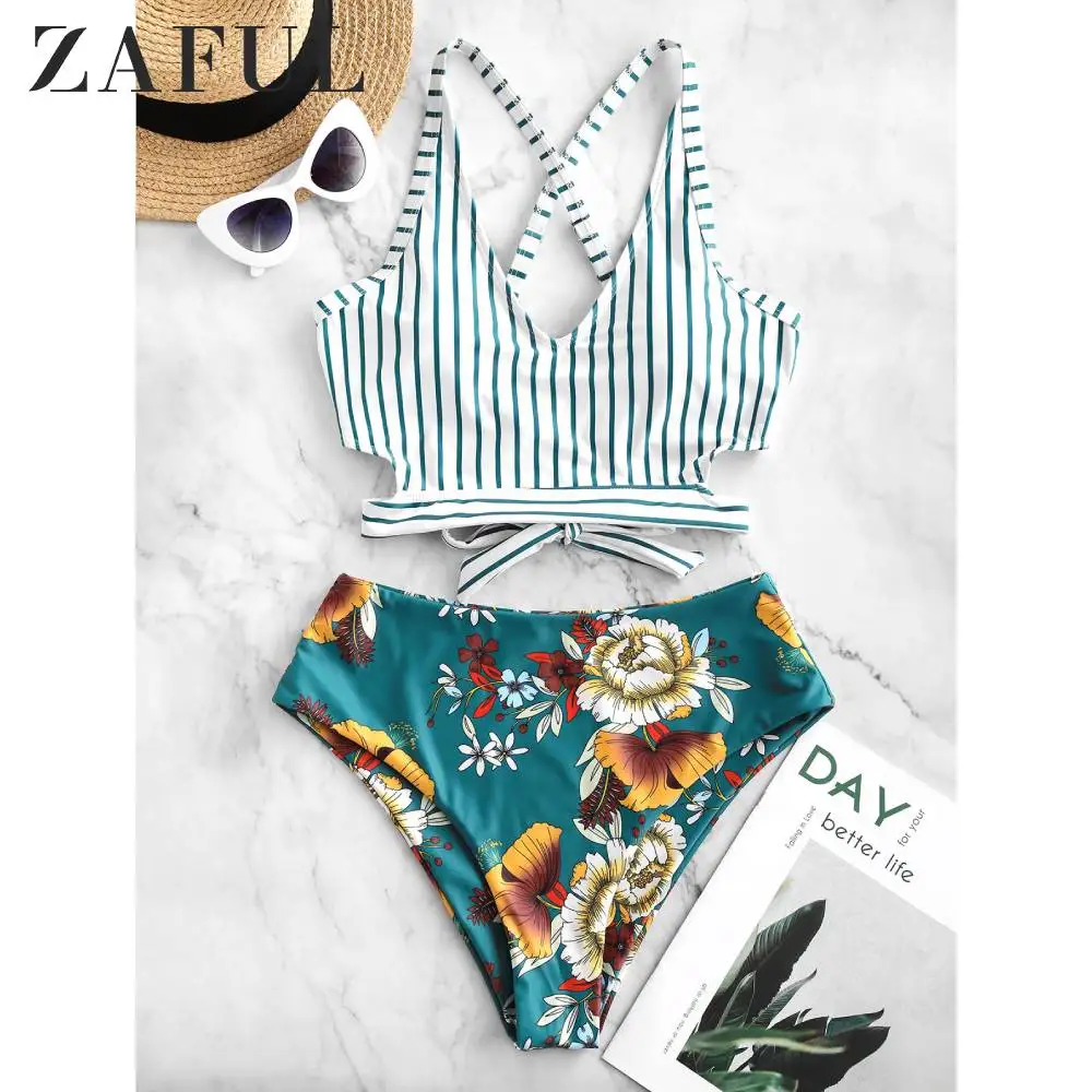 Женский купальник танкини в полоску с цветочным принтом ZAFUL перекрещивающимся