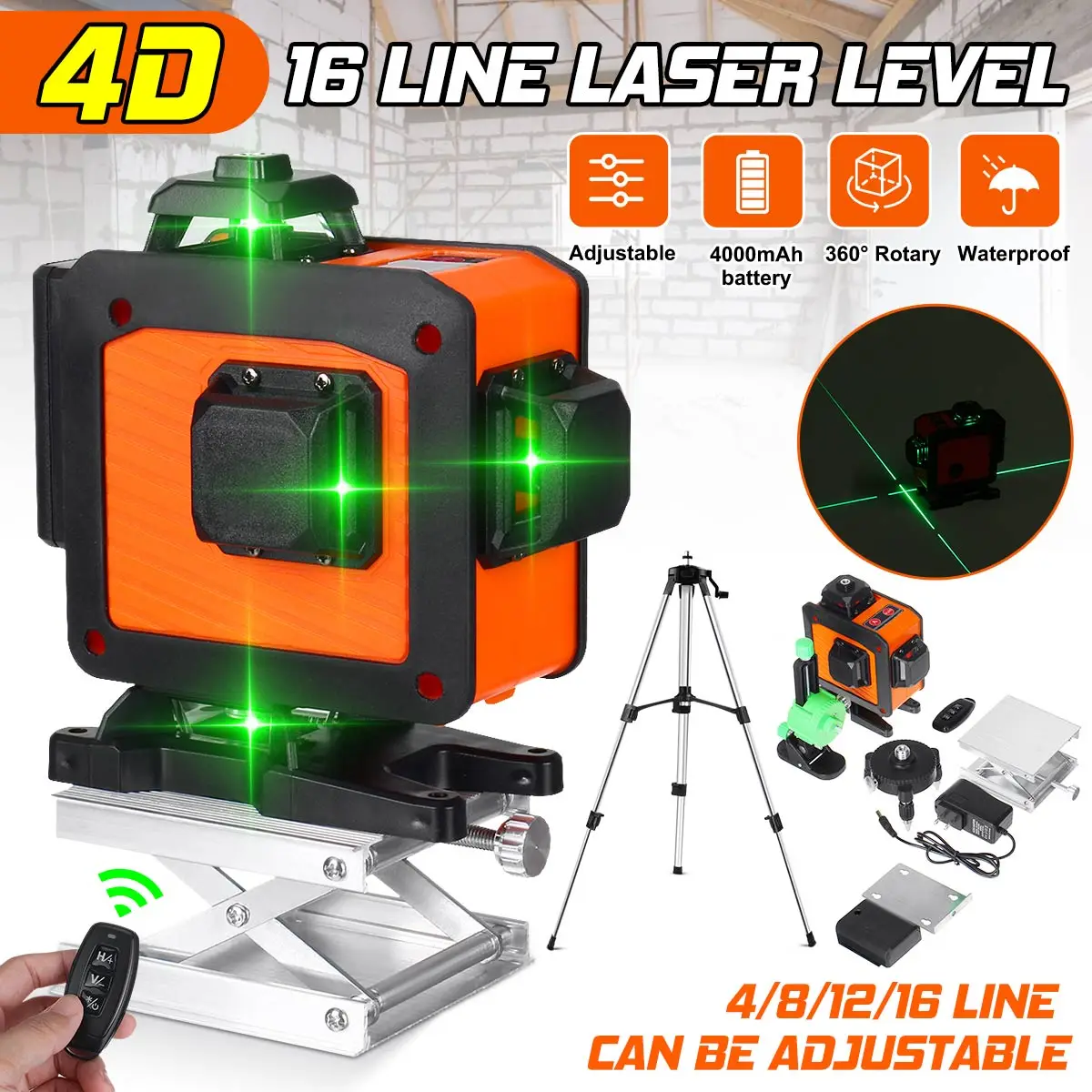 

4D 16 Lines Laser Level Green Level Self-Leveling 360 Horizontal & Vertical Cross Powerful Green Beams Laser Level New
