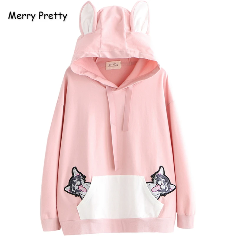 

Merry Pretty Women's Cartoon Cat Embroidery Wite Ears On Hood Hoodies Sweatshirts 2020 Winter Warm Harajuku Cute Hooded Pullover