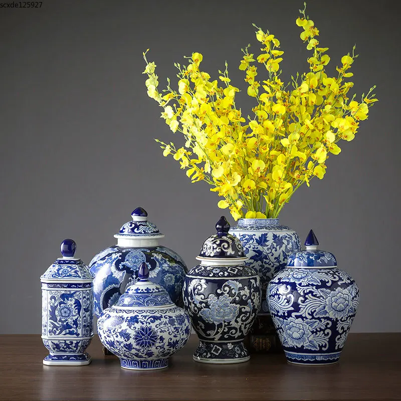 

Classical Flower Pattern Ceramic Vase with Lid Storage Jar Simulation Flower Flower Arrangement Hydroponic Vase Home Decoration