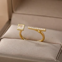 vintage zircon square rings for women girl stainless steel gold color geometry opening finger ring femme dinner jewelry gift
