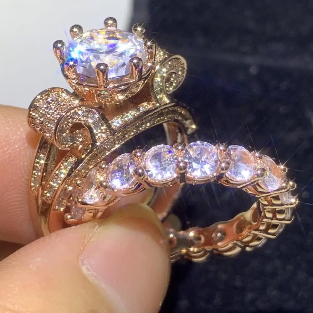 

Couple Rings Hot Sale 2PCS Luxury Jewelry 925 Sterling Silver&Rose Gold Fill Round Cut 5A Cubic Zircon Bridal Women Ring Set