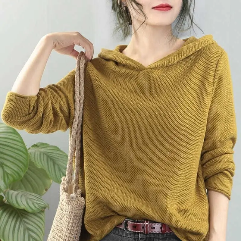 

Spring And Autumn Fashion New Top Casual Loose Women's Hooded Long Sleeve Sweater Solid Color Lady Knitting Top