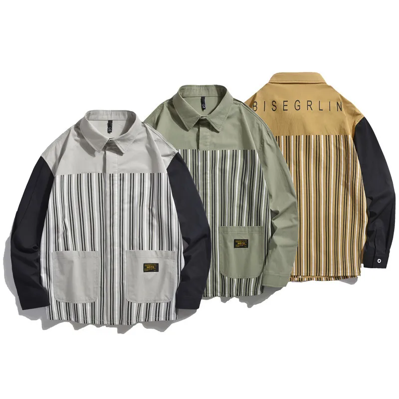 

New Work Clothes Long Sleeve Shirt Male Vertical Stripe Pocket Pure Cotton streetwear Single Breasted Japan Style Gray Yellow