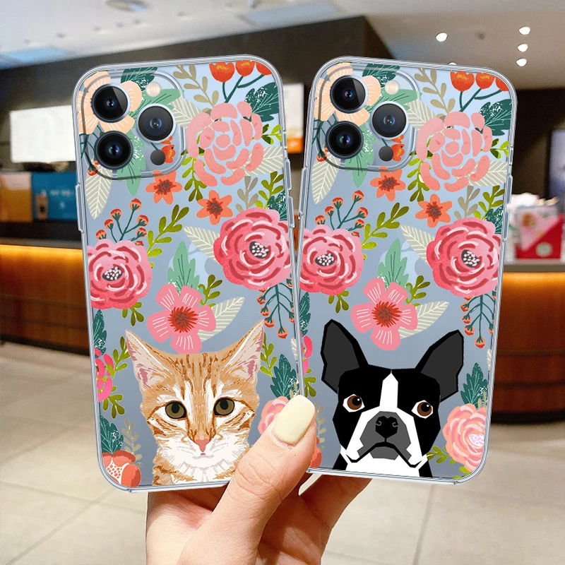 

Fashion Flower Clear Soft Phone Case For iPhone 11 Pro Max 7 8 Plus 13 12 MINI 6s 6 XS MAX XR SE2020 X Cute cat dog Coque Cover