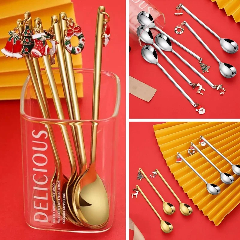 

2021 Xmas Party Table Ornaments Stainless Christmas Spoon New Year Coffee Spoon Christmas Decor For Home Navidad Noel Gift