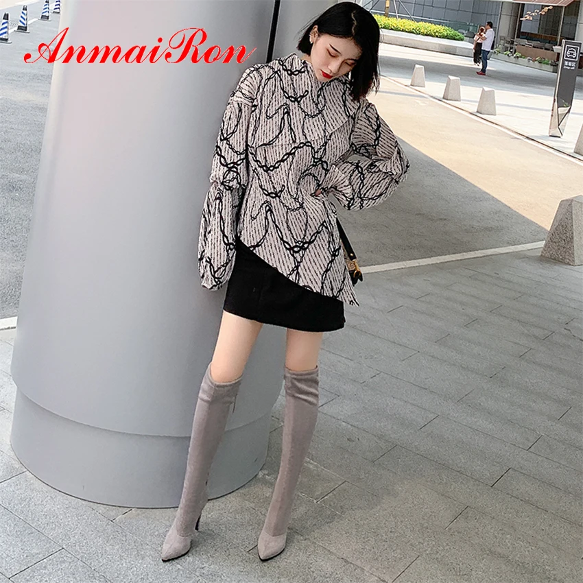 

ANMAIRON High Heel Boots Flock Velvet Over-the-Knee Pointed Toe Thigh High Boots Women Winter Shoes Elastic Band Women Boots