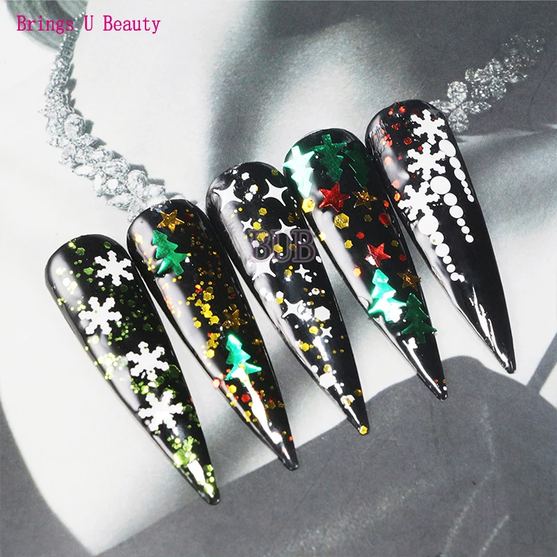 6 коробок голографический Рождественский Декор для ногтей снежинки дерево