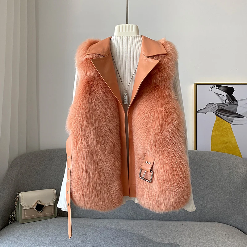 FURSARCAR Genuine Motorcycle Leather Fur Vest Real Natrual Fox Fur Women Winter Waistcoat Sheep Skin Whole Skin Fox Fur Gilet