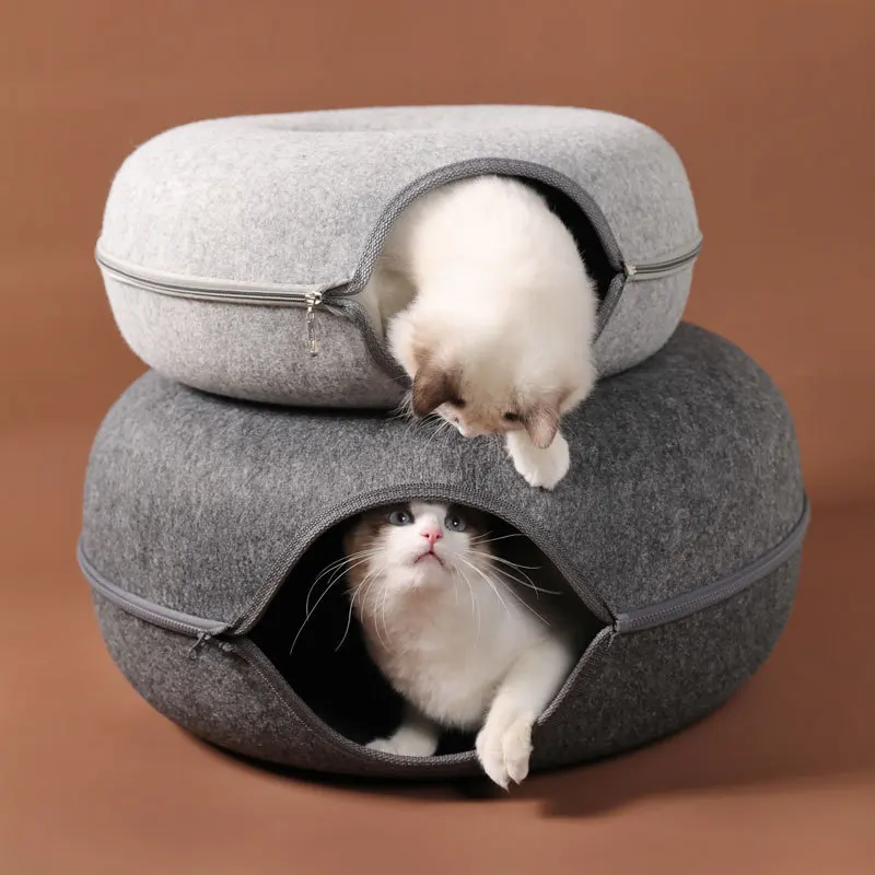 

Pet Cat Sleeping House Bed Round Felt Nest Kennel Kitten Tunnel Beds Gray Hide And Seek Playground Gato Toy Land Toys For Cats