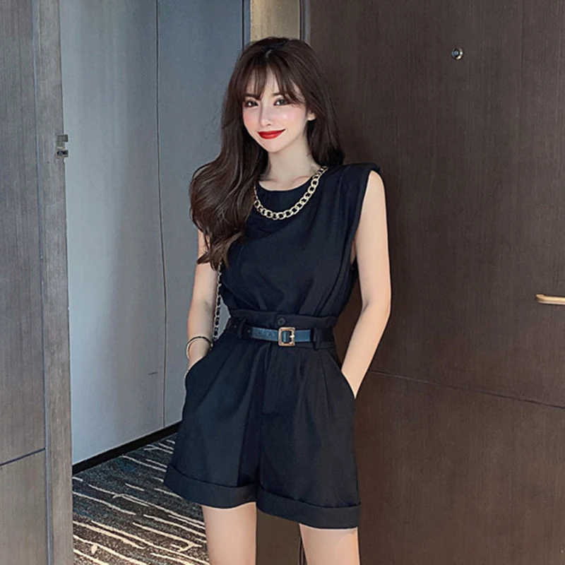 

GALCAUR Loose Two Piece Set For Women O Neck Sleeveless Tops High Waist Minimalist Short Pants Solid Sets Females 2021 Clothing