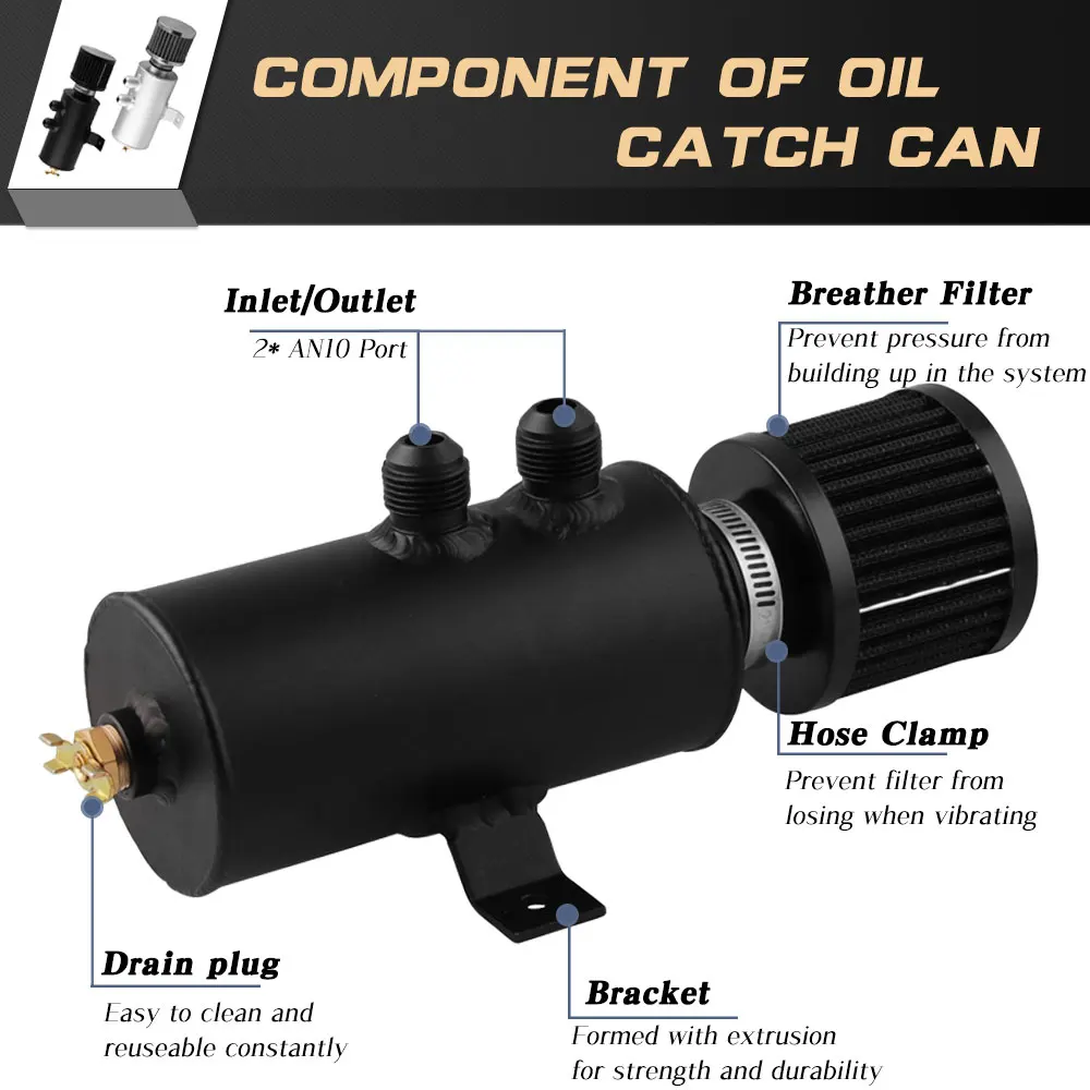 Oil Catch Can Tank with Breather Filter Aluminium 10 AN Round 0.75L Brushed Baffled Universal Separator bracket