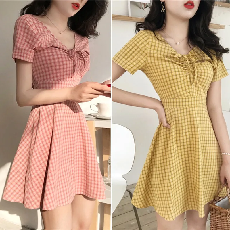 Женское платье с коротким рукавом v-образным вырезом клетчатым принтом вишни