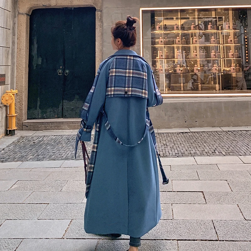 

Plaid woolen coat women's long fall/winter Nice Pop Korean style loose thick woolen coat