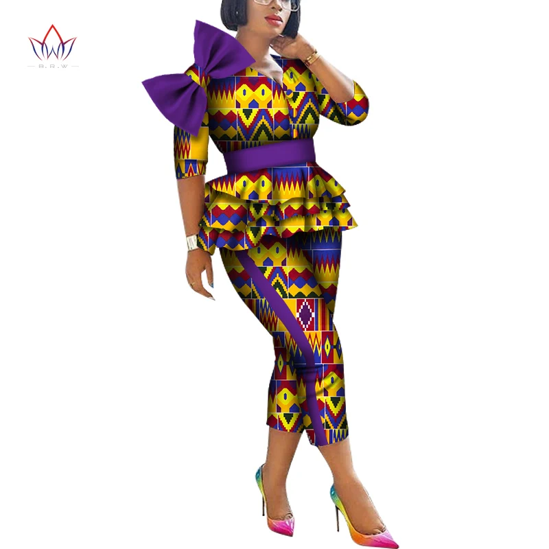 

2021 African Two Pieces pant Set for Women Dashiki Big Bow Shirt top African Clothing Plus size Clothes for Women WY6947