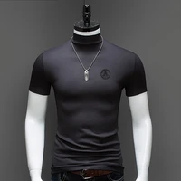 mens half turtleneck t shirt 2022 fashion badge short sleeve tshirt black modal slim fit tee