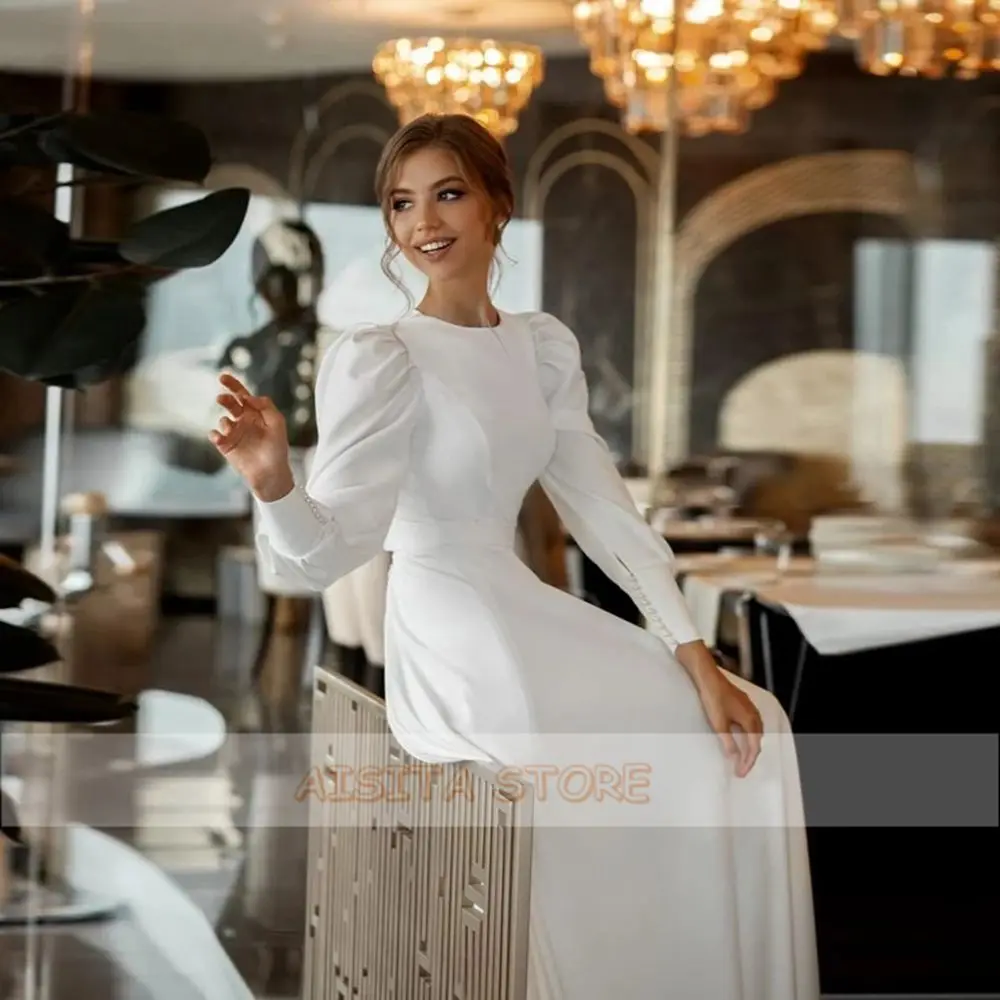 Простые мягкие атласные свадебные платья 2022 элегантные с круглым вырезом и